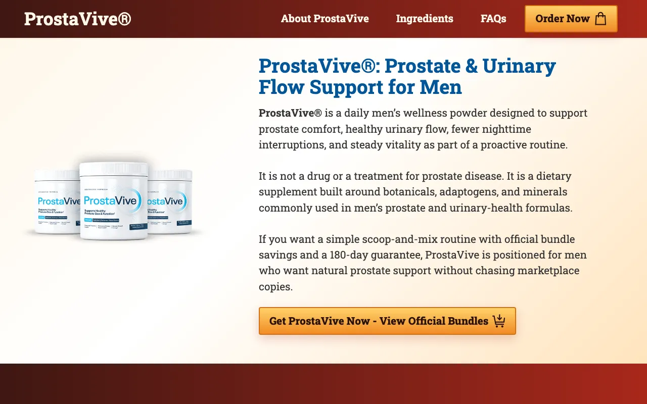 Archived ProstaVive website screenshot of theprostavive.com — Claims to be official